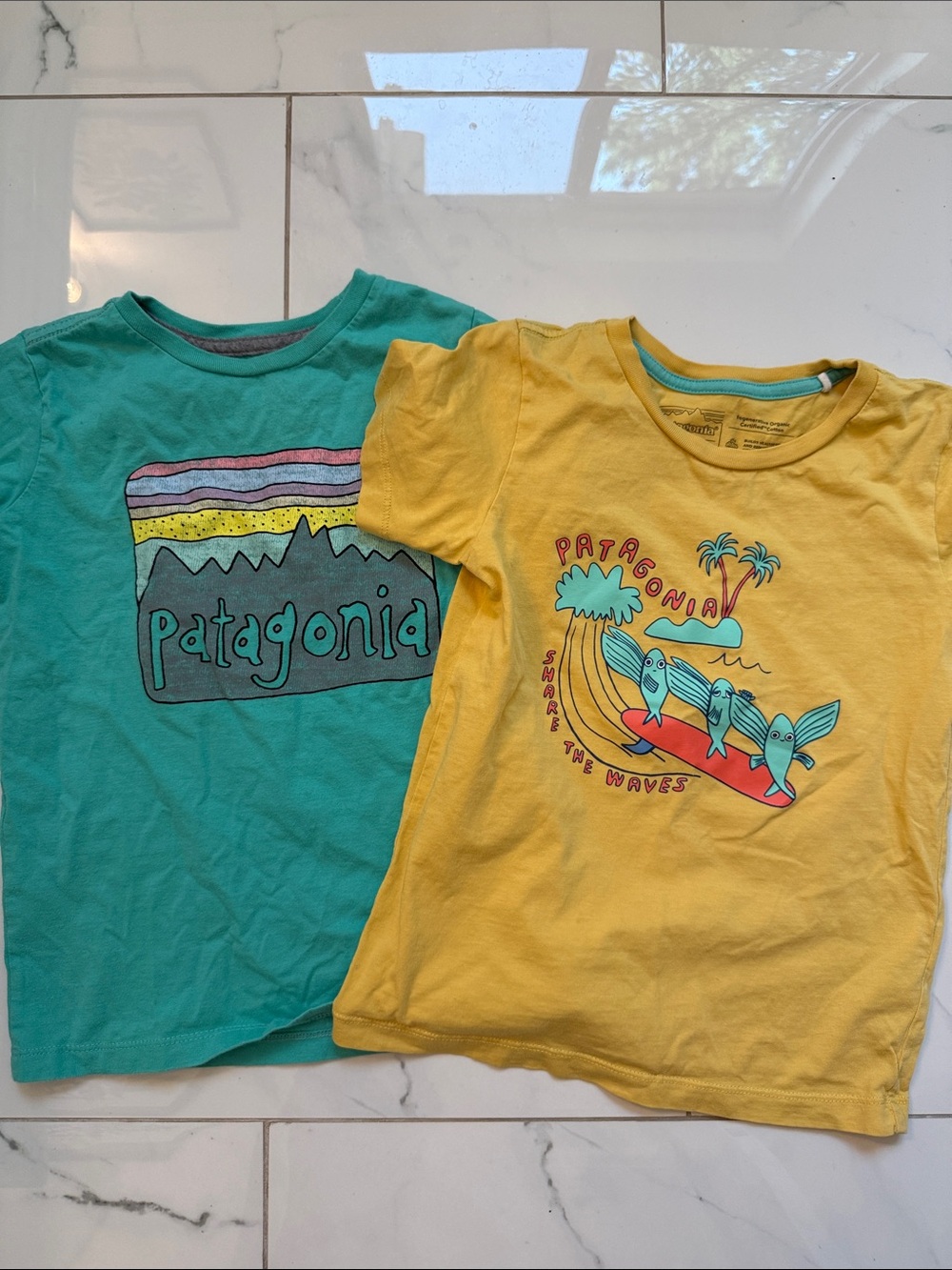 Patagonia Yellow Surf Graphic Tee & Teal Logo Tee